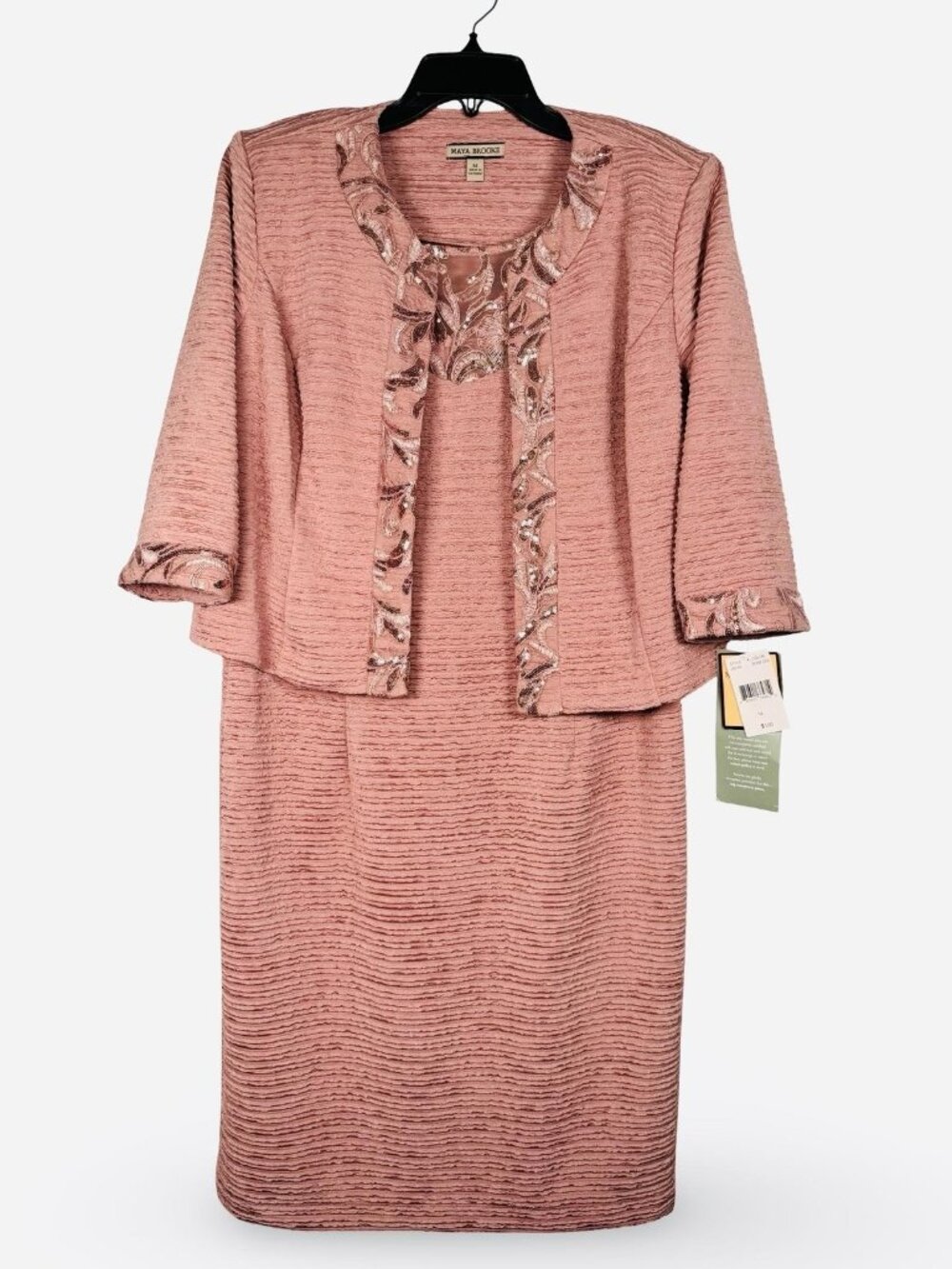 Maya Brooke Two Piece Dress Suit Size 14 Rose Gold Textured Sheath Sequins Lace - Picture 2 of 15